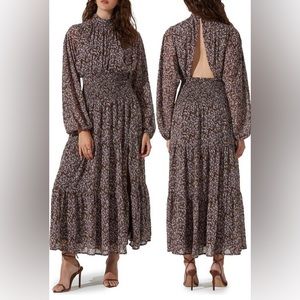 Floral print smocked waist long sleeve maxi dress